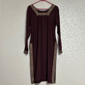 Long Sleeve Punjabi Kurta Maroon Red Gold Floral Trim Square Neckline Handmade L